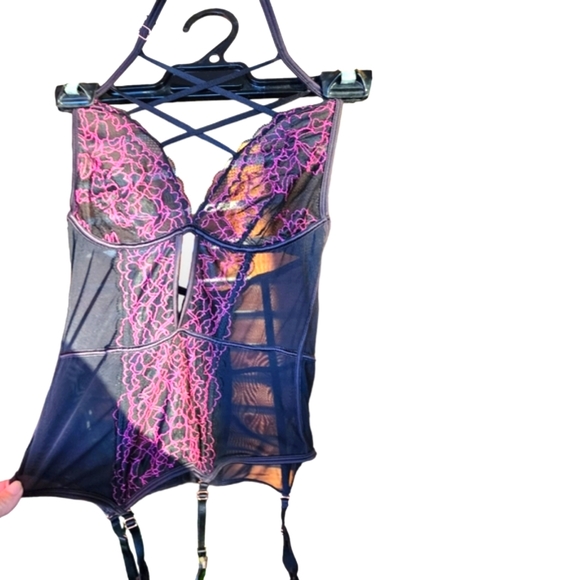 BRAS N THINGS corset bustier garter belt black mesh purple lace size 10 - Picture 4 of 14